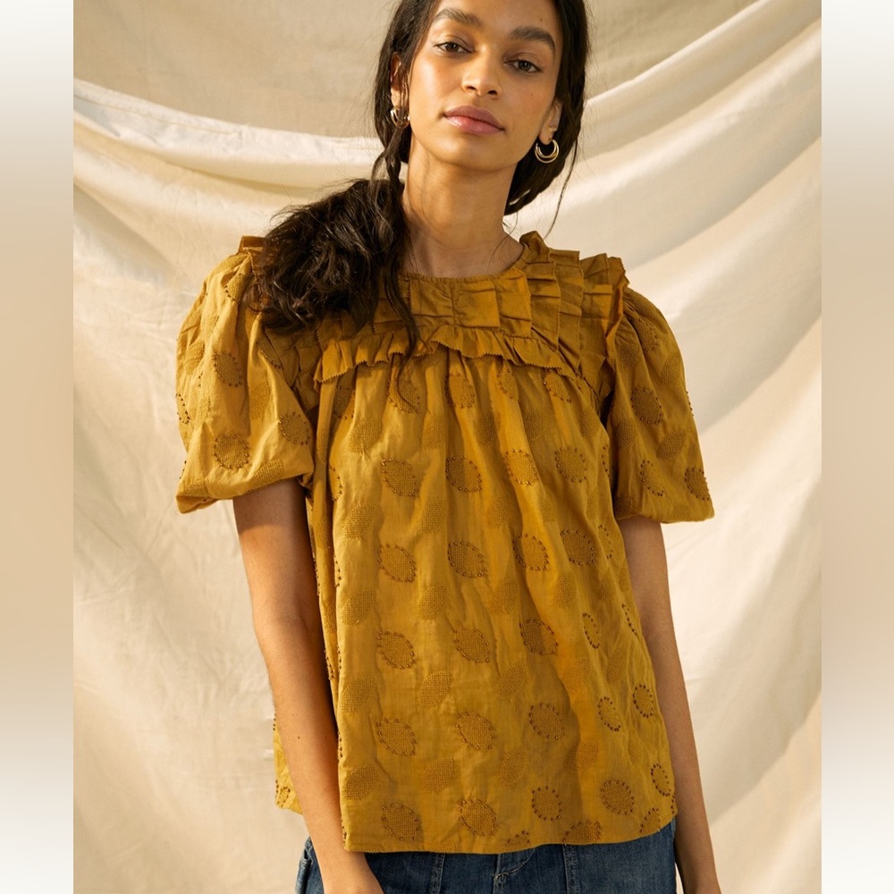 Mustard Eyelet Puff-Sleeve Blouse - Women